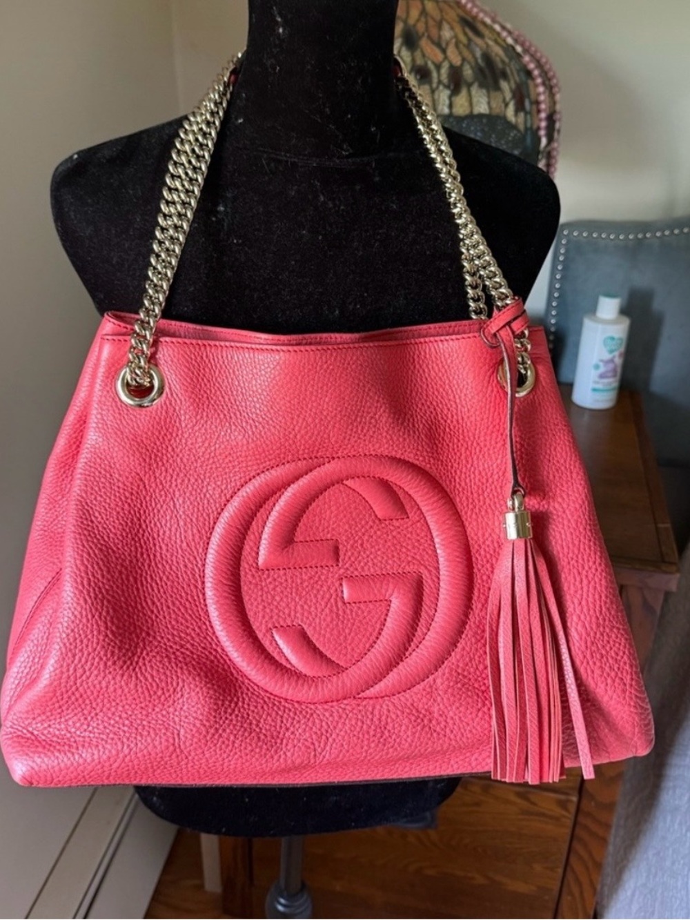 Gucci Pink Pebbled Leather Shoulder Tote with Tassel and Chain Straps